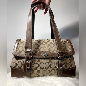 COACH EUC 👜 Large Shoulder Bag Leather & Monogrammed Textile Double Handle VTG